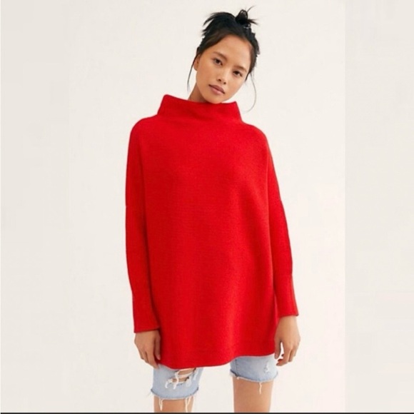 Free People Ottoman Tunic Red Ribbed Oversized Slouchy Knit Sweater - Picture 2 of 8